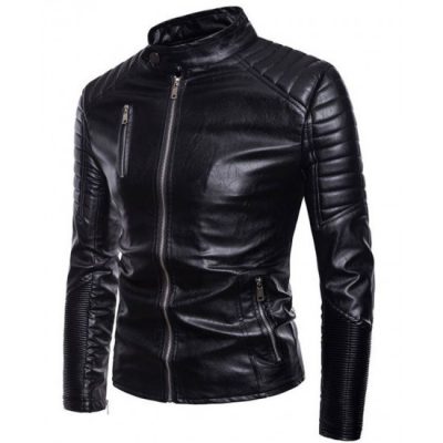 mens-stand-up-collar-black-leather-biker-jacket