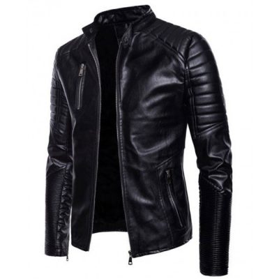 mens-stand-up-collar-black-leather-biker-jacket